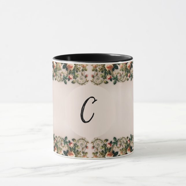 Mug Rose élégante aux vignes fleuries rose chic délabr (Centre)