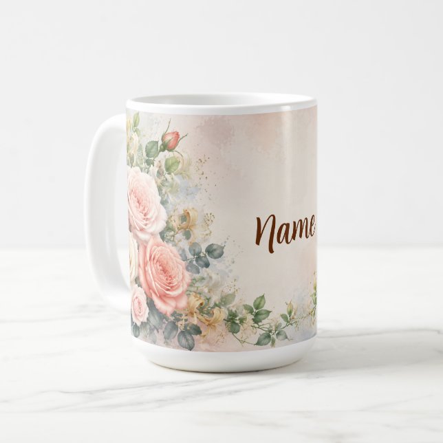 Mug Rose et Chèvrefeuille Personnalisés de Naissance d (Devant gauche)
