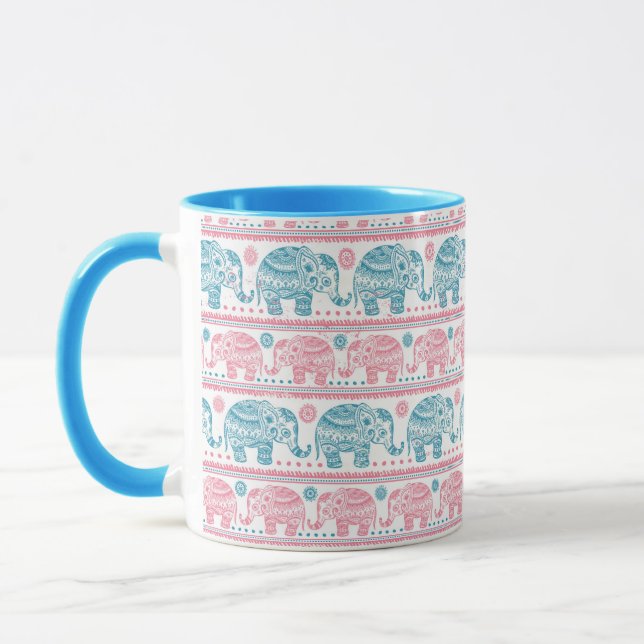 Mug Rose et motif ethnique turquoise d'éléphant (Gauche)
