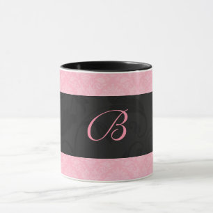 Mug Rose et noir Monogramme Feminine Damask