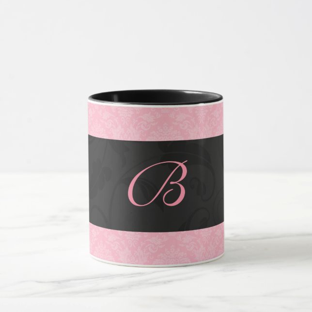 Mug Rose et noir Monogramme Feminine Damask (Centre)