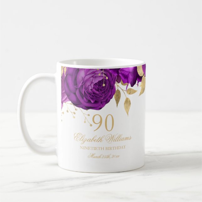 Mug Rose Fleur Or Violet 90e Anniversaire (Gauche)