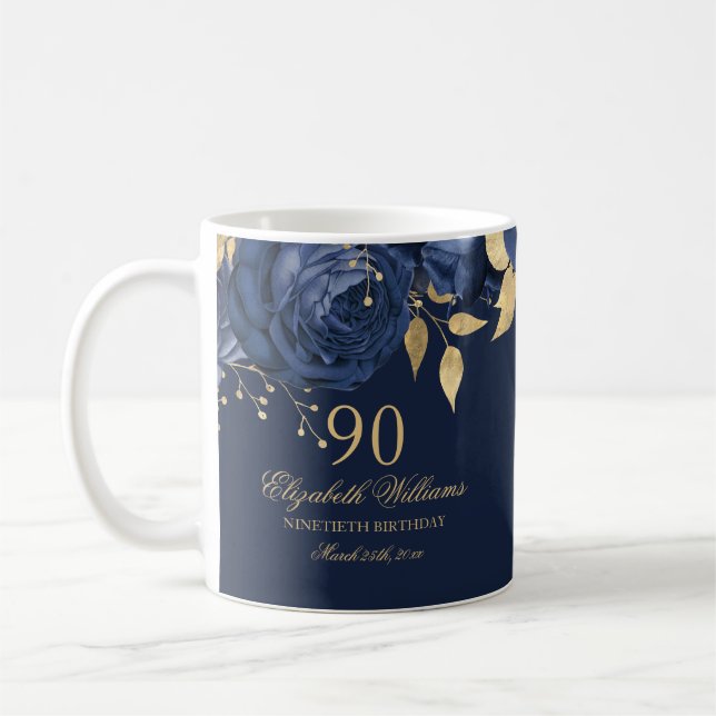 Mug Rose Fleurie Or Navy pour 90e Anniversaire (Gauche)