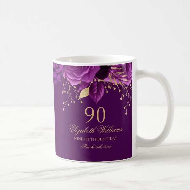 Mug Rose Fleurie Or Violet 90e Anniversaire (Droite)