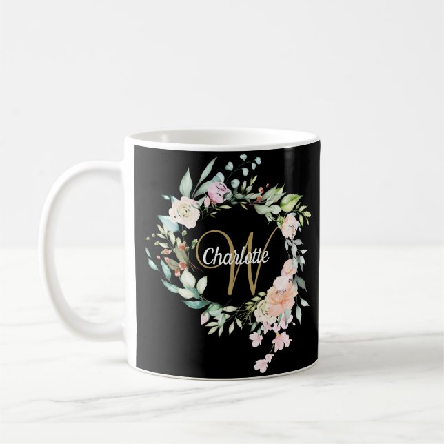 Mug Rose Floral Élégant Script Monogram Or Black (Gauche)