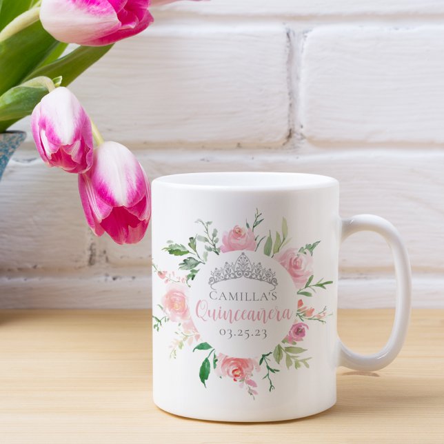 Mug Rose Floral Quinceañera Silver Tiara Personnalisé (Créateur téléchargé)