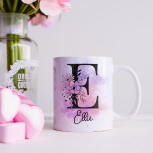 Mug Rose Floral Violet Noir Lettre Monogramme E