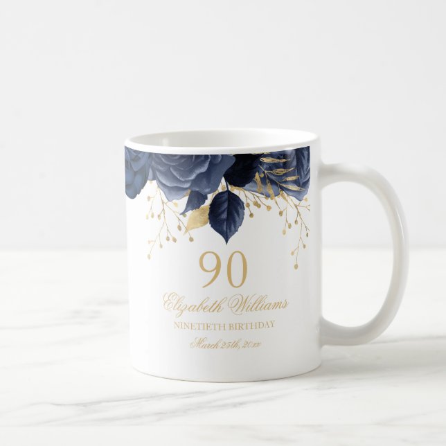Mug Rose florale Navy Or 90e Anniversaire (Droite)