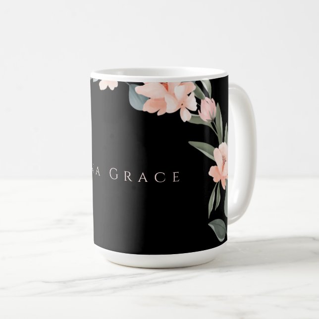Mug Rose Florale Noir Aquarelle Rose Pâle Féminin (Devant droit)