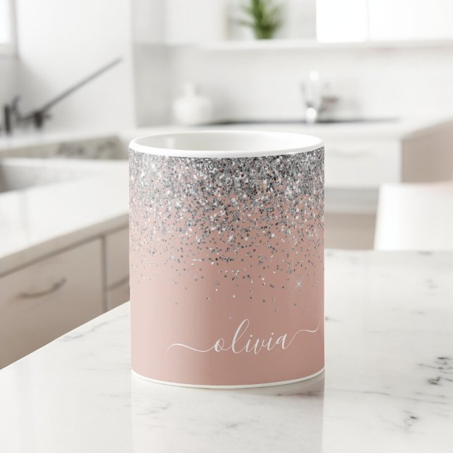 Mug Rose Gold Blush Rose Pailleté Monogramme Féminin (Créateur téléchargé)
