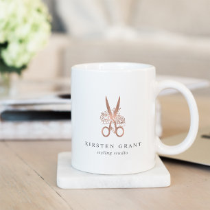 Mug Rose Gold Floral Ciseaux Salon Logo
