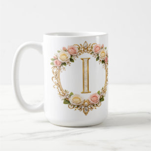 Mug Rose Gold Floral Monogramme Lettre I Mariage