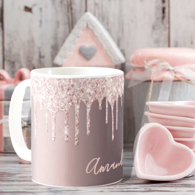 Mug Rose gold glitter drips caffe latte name sparkle (Créateur téléchargé)