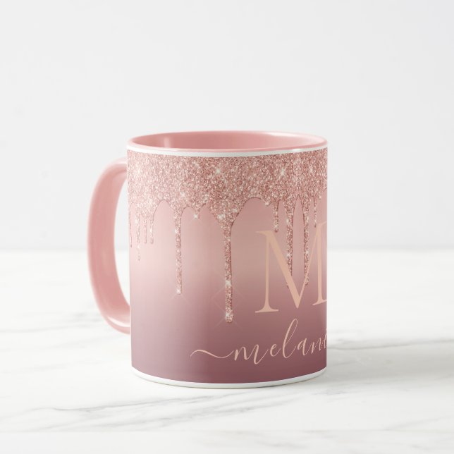 Mug Rose Gold Glitter Lettre personnalisée Nom Café Mu (Devant gauche)