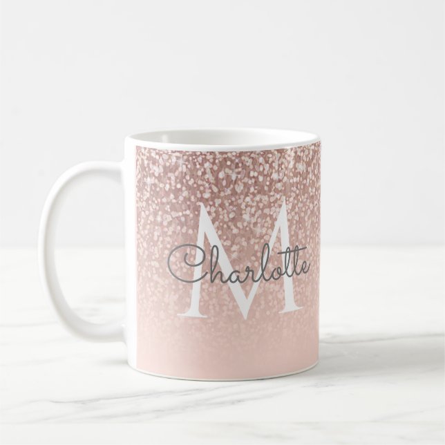 Mug Rose Gold Glitter Monogramme Rose Pâle Écriture Fé (Gauche)