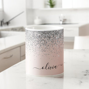 Mug Rose Gold - Pailleté Rose Blush Monogramme Argenté