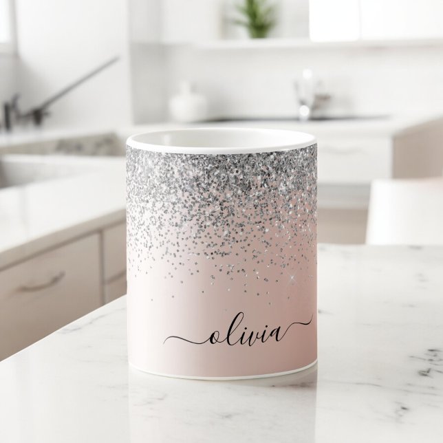 Mug Rose Gold - Pailleté Rose Blush Monogramme Argenté (Créateur téléchargé)