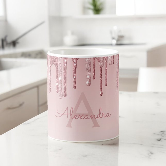 Mug Rose Gold Paillettes Monogramme Nom & Initiale (Créateur téléchargé)