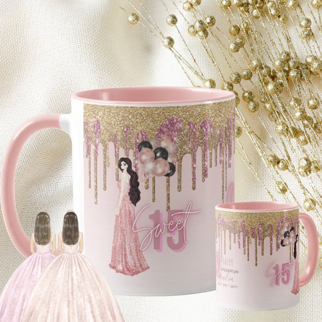 Mug Rose Gold Quinceanera cadeau personnalisé Cheveux  (Créateur téléchargé)
