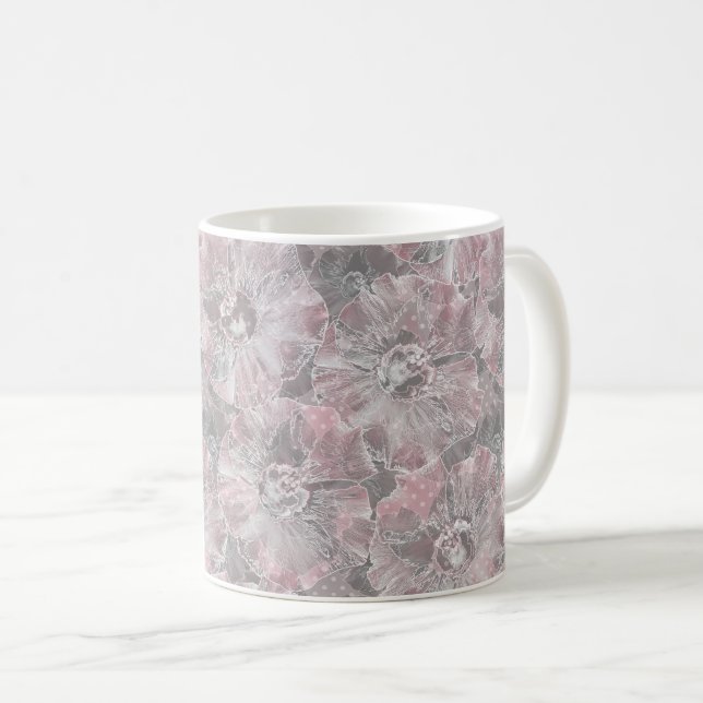 Mug rose, gris, élégant, grand, fleurs, fleurs roses, (Devant droit)