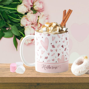 Mug Rose   Mauve Aquarelle Coeurs Nom du Motif