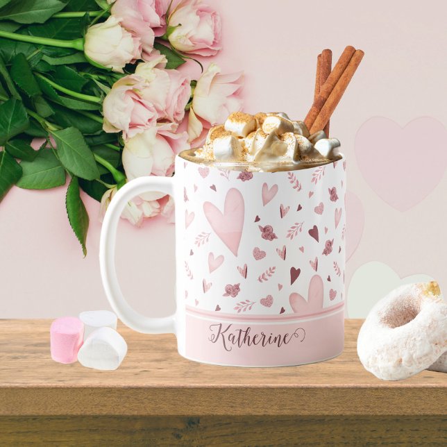 Mug Rose | Mauve Aquarelle Coeurs Nom du Motif (Créateur téléchargé)