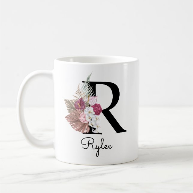 Mug Rose Monogramme Boho Féminin Floral Initial R (Gauche)