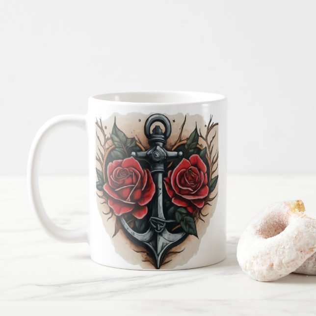 Mug Rose néo-traditionnel et tatouage Ancre (Avec donut)