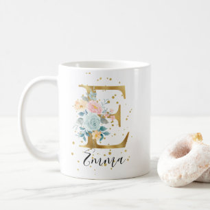 Mug Rose or Pastel Floral Aquarelle Monogramme E