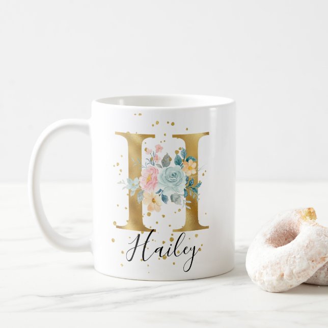 Mug Rose or Pastel Floral Aquarelle Monogramme H (Avec donut)