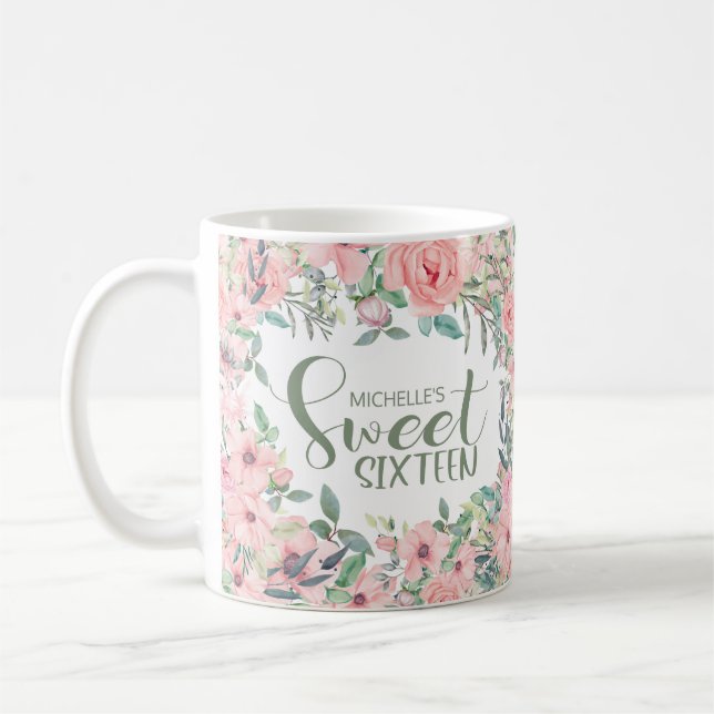 Mug Rose Pâle Aquarelle Floral Sweet 16 (Gauche)