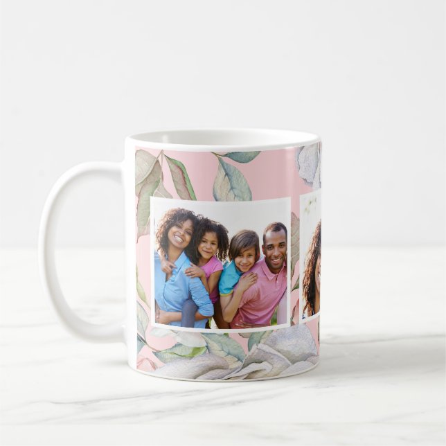 Mug Rose Pâle avec Collage de Trois Photos Florales (Gauche)