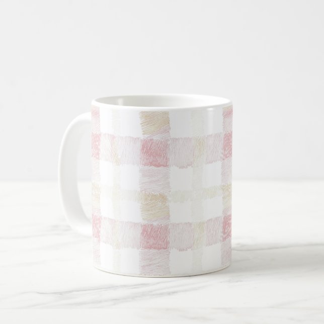 Mug Rose Pâle Blanc Crème Rayures Carreaux (Devant gauche)