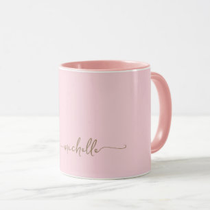 Mug Rose Pâle Élégant Monogramme Signature Or Script