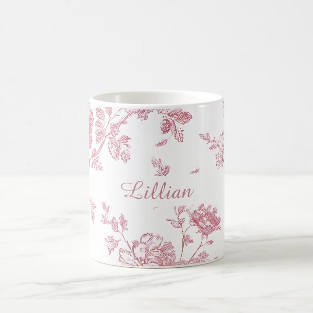 Mug Rose Pink Floral Toile Pattern Personalized Name (Centre)