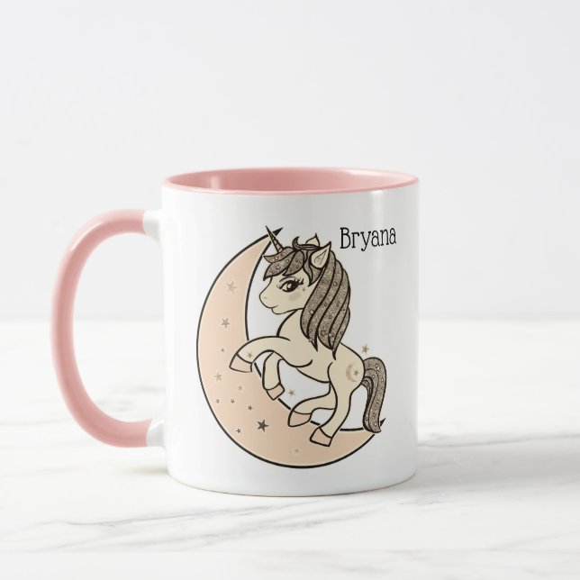 Mug Rose Pivoine Céleste Lune et Étoiles Licorne (Gauche)