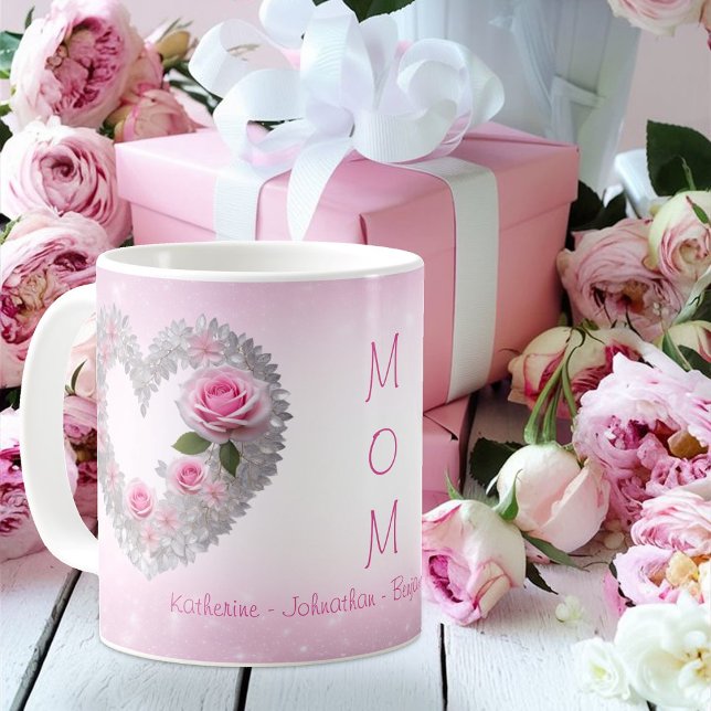 Mug Rose rose avec cœur de feuille d'argent pour maman (Créateur téléchargé)