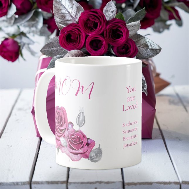 Mug Rose Rose Clair Feuilles d'Argent 'Vous êtes aimée (Créateur téléchargé)