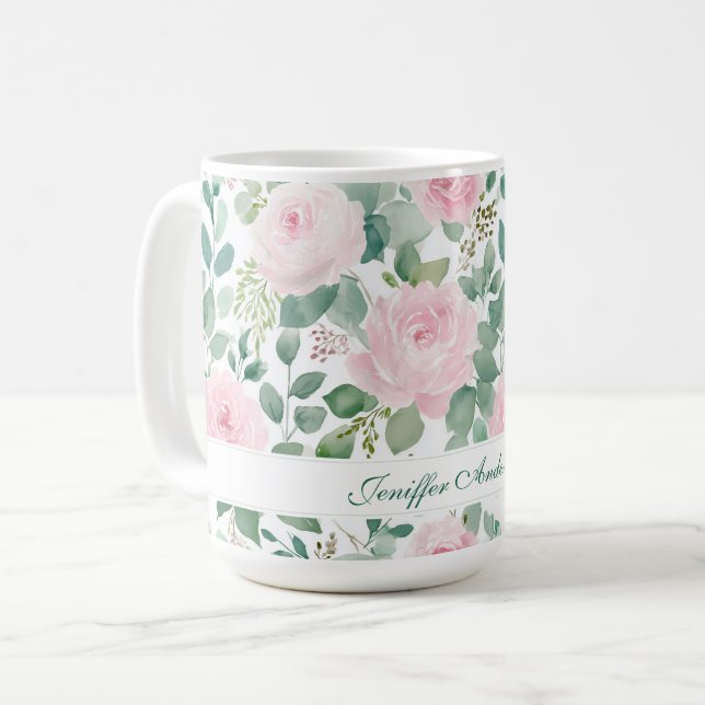 Mug Rose rose florale avec nom personnalisé (Devant gauche)