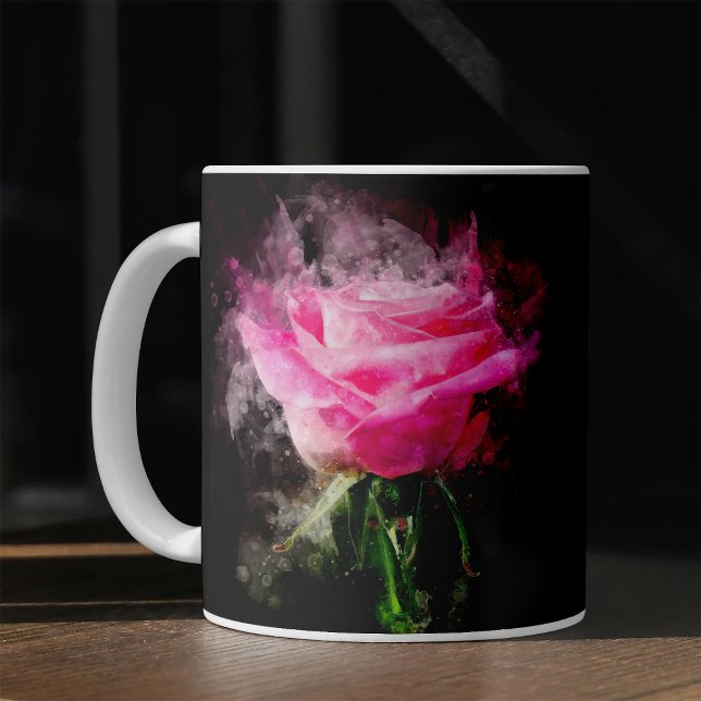 Mug Rose roseau aquarelle sur fond noir (Pink Rose Watercolor on Black Background. Coffee Mug)