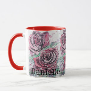 Mug Rose Rouge Aquarelle florale Art Peinture Femmes