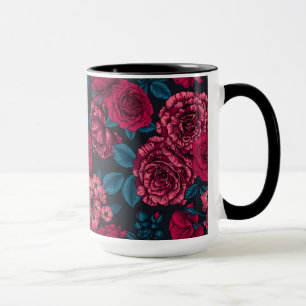 Mug rose, rouge et bi-color roses with blue leaves on