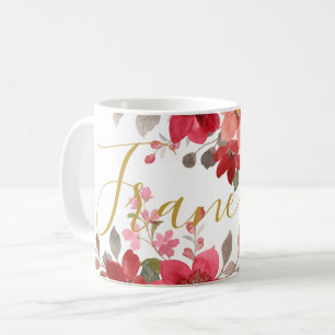 Mug Rose Rouge Floral Aquarelle Script Ajouter Votre N