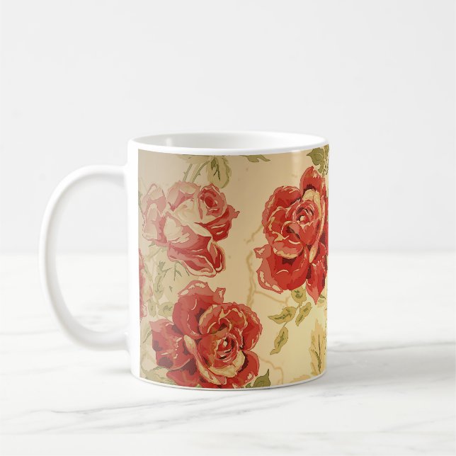 Mug Rose rouge, jaune, imprimé floral antique (Gauche)