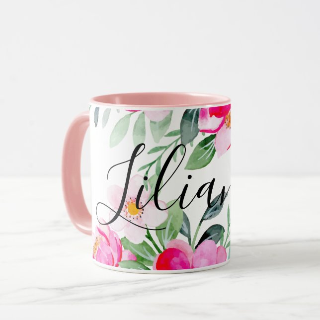 Mug Rose Rouge Pastel Fleurs Aquarelle Floral Ajouter  (Devant gauche)