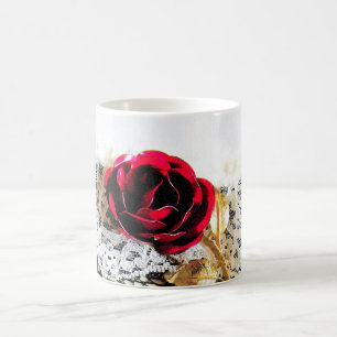 Mug Rose rouge romantique et dentelle blanche
