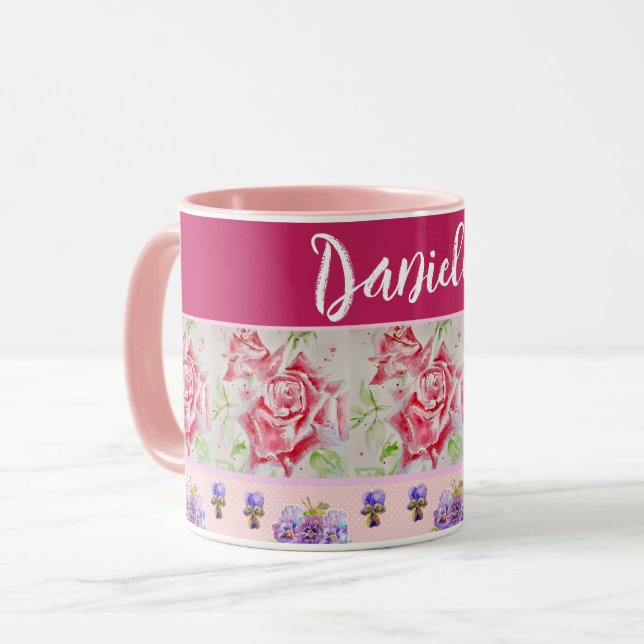Mug Rose rouge Rose Aquarelle rose Chic Shabby (Devant gauche)