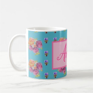 Mug Rose rouge Shabby Chic Aqua Turquoise Floral Flowe