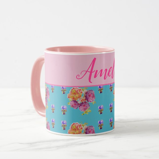Mug Rose rouge Shabby Chic Aqua Turquoise Floral Flowe (Devant gauche)