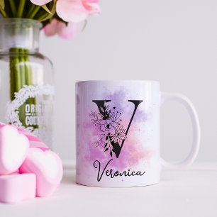 Mug Rose Violet Floral Noir Lettre Monogramme V